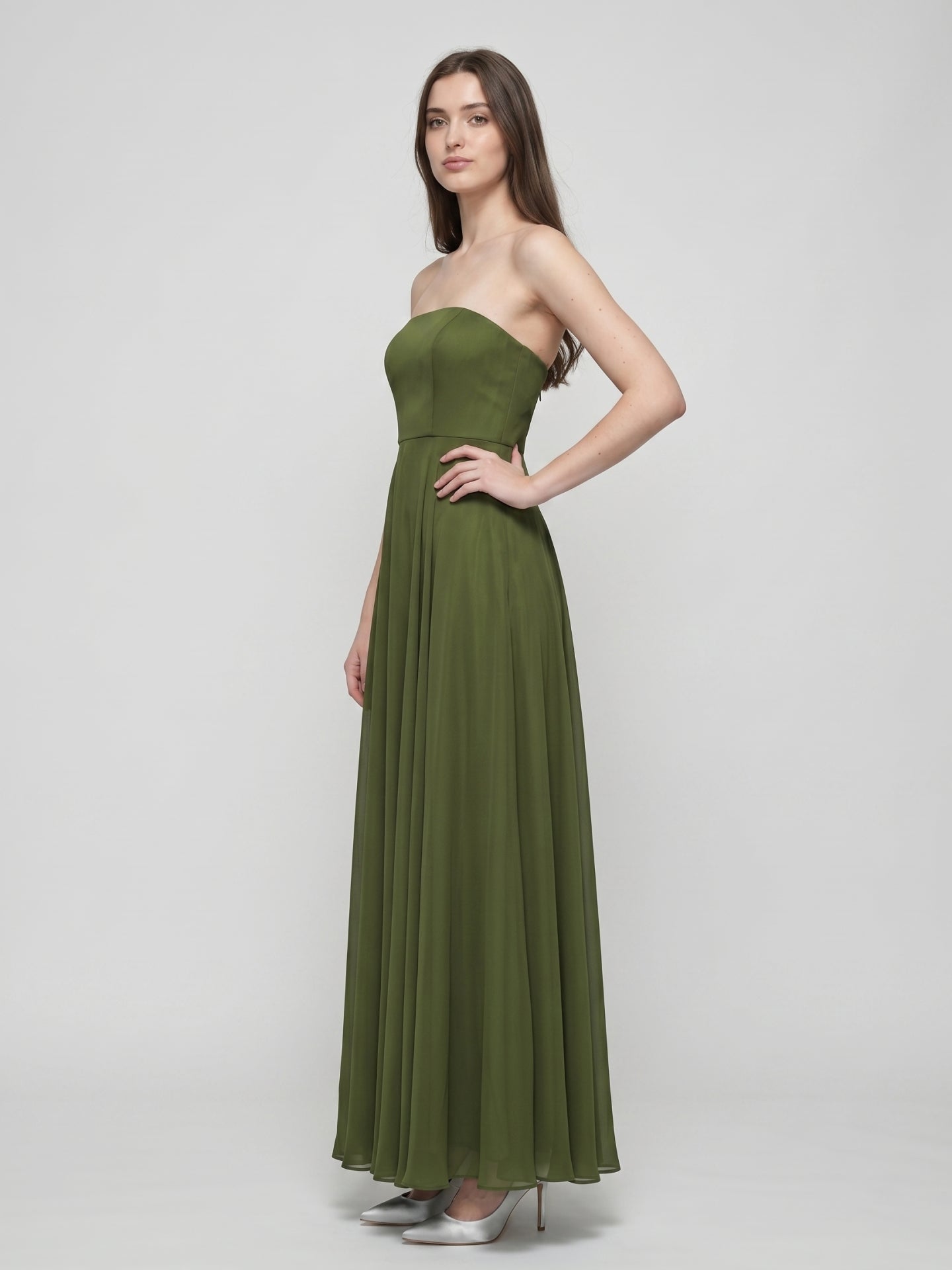 Olive Green Chiffon A-Line Off-the-Shoulder Backless Floor-Length Bridesmaid Dress