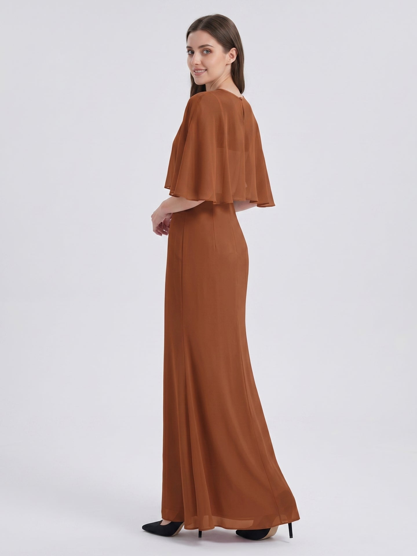 Terracotta Chiffon Mermaid Sweetheart Back Zip Floor-Length Bridesmaid Dress with Cape