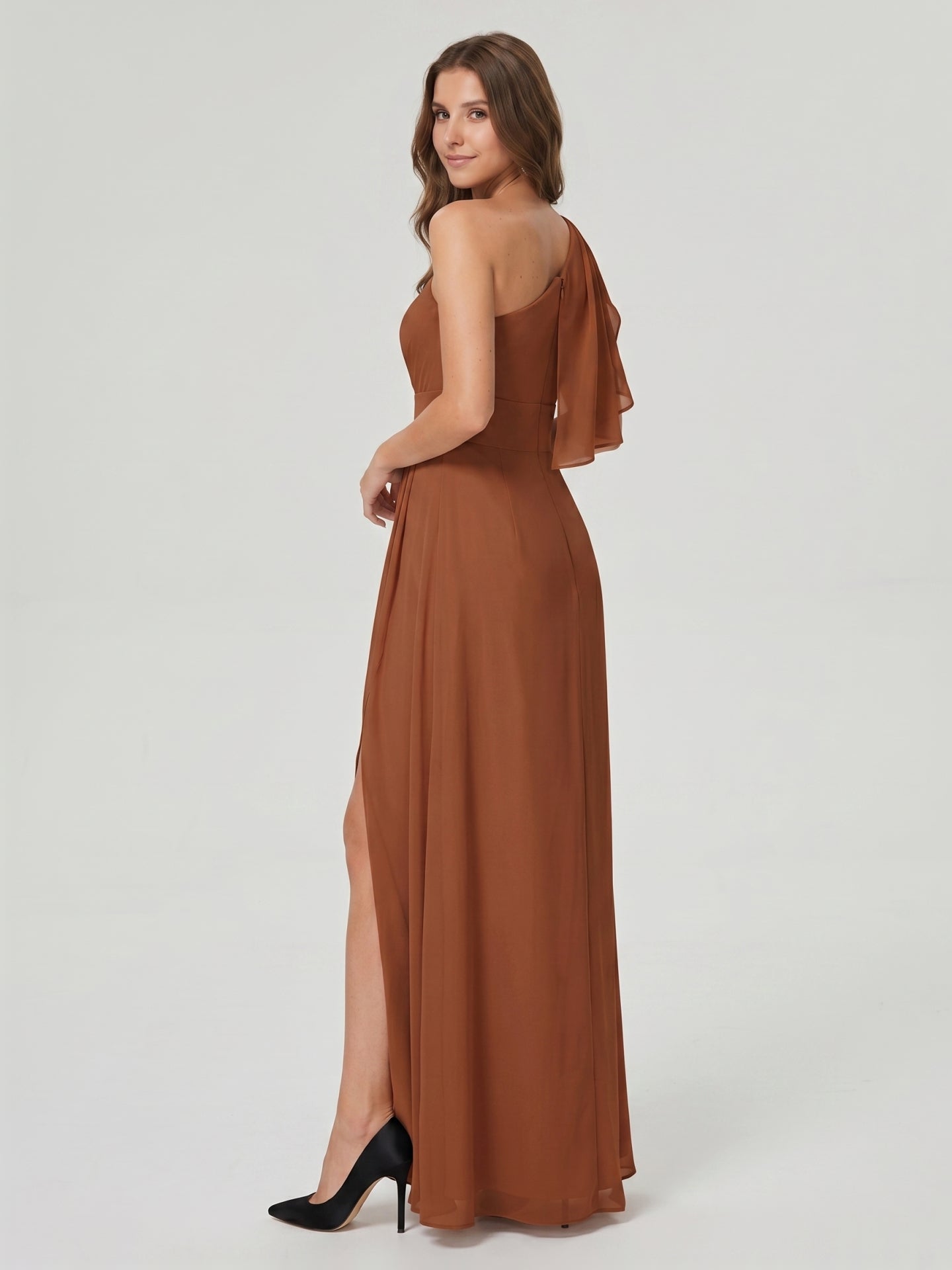 Terracotta Chiffon Sheath One Shoulder Back Zip Floor-Length Ruffle Bridesmaid Dress