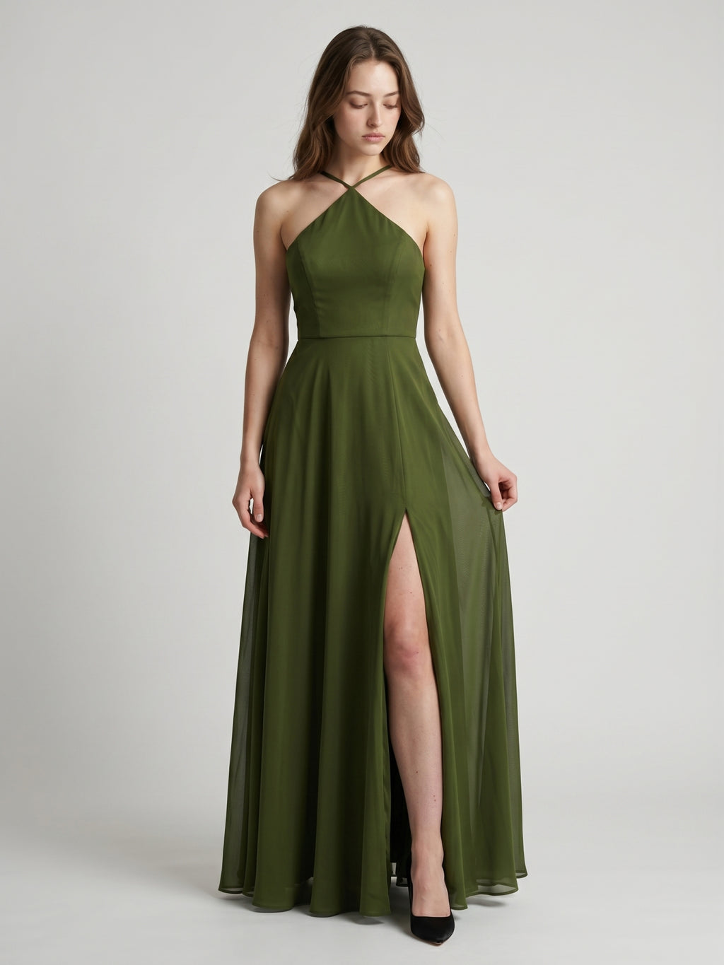 Olive Green Chiffon A-Line Halter Back Zip Floor-Length Bridesmaid Dress