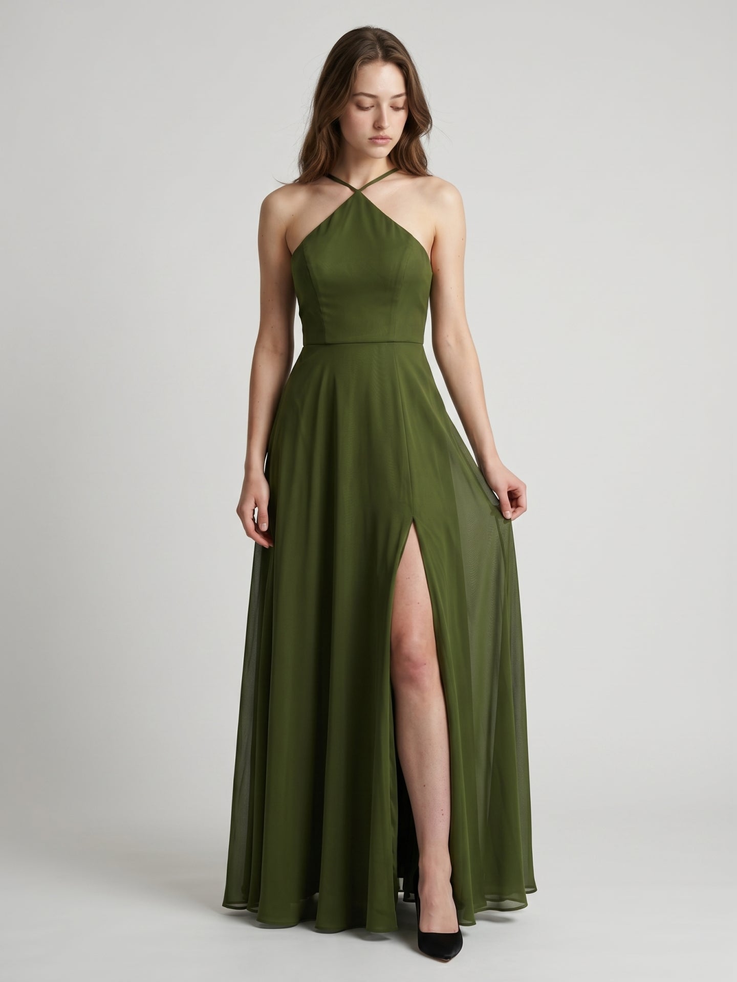 Olive Green Chiffon A-Line Halter Back Zip Floor-Length Bridesmaid Dress