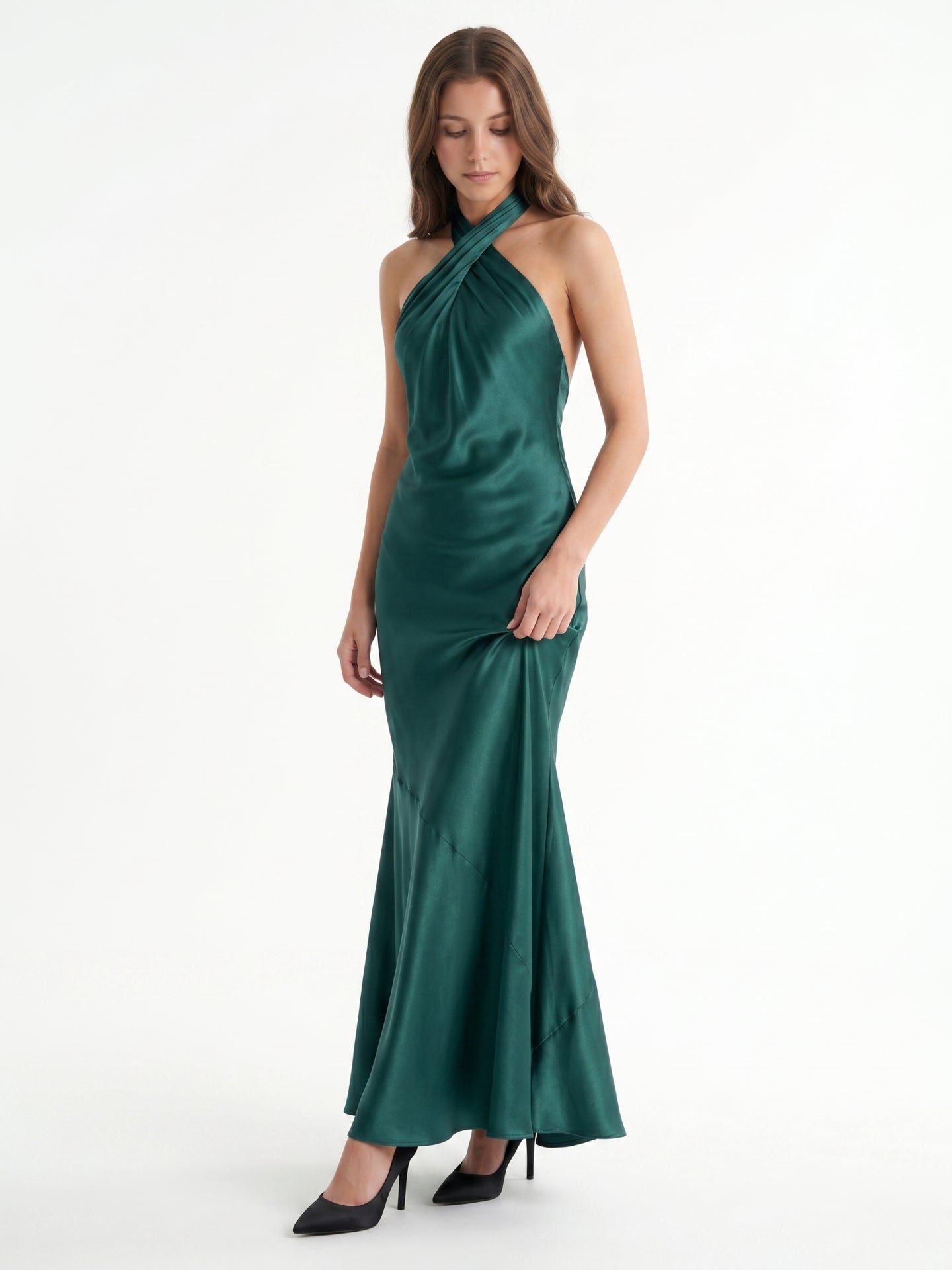 Peacock Satin Sheath Halter Backless Floor-Length Pleated Bridesmaid Dress