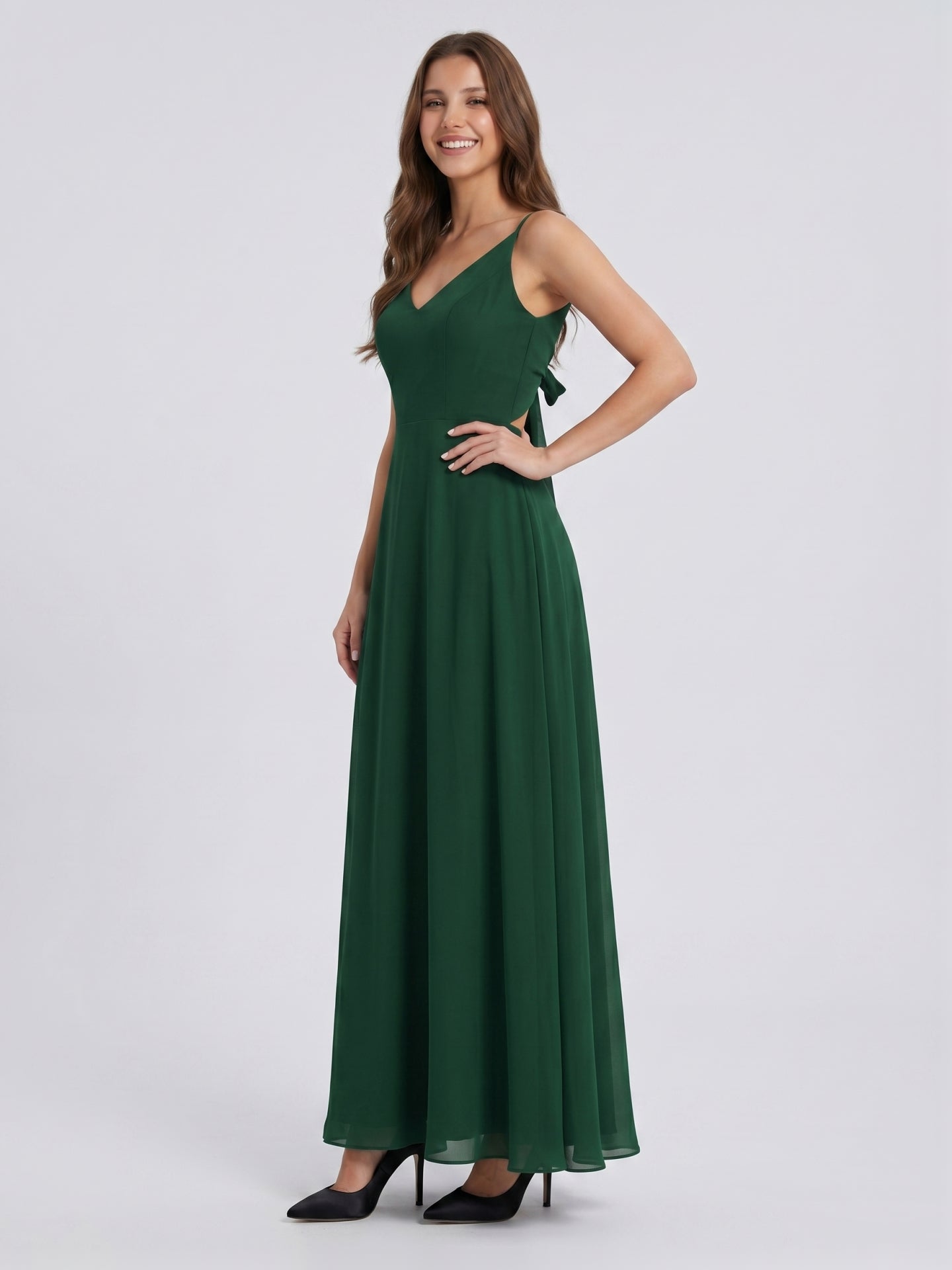 Forest Green Chiffon A-Line V-Neck Bow Back Floor-Length Bridesmaid Dress with Bow