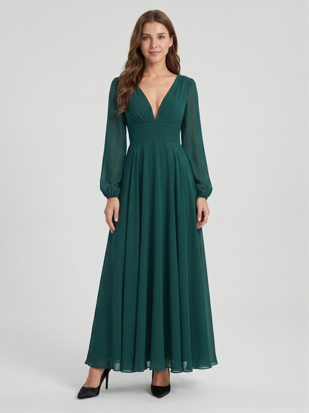 Peacock Chiffon A-Line V-Neck V-Back Floor-Length Bridesmaid Dress