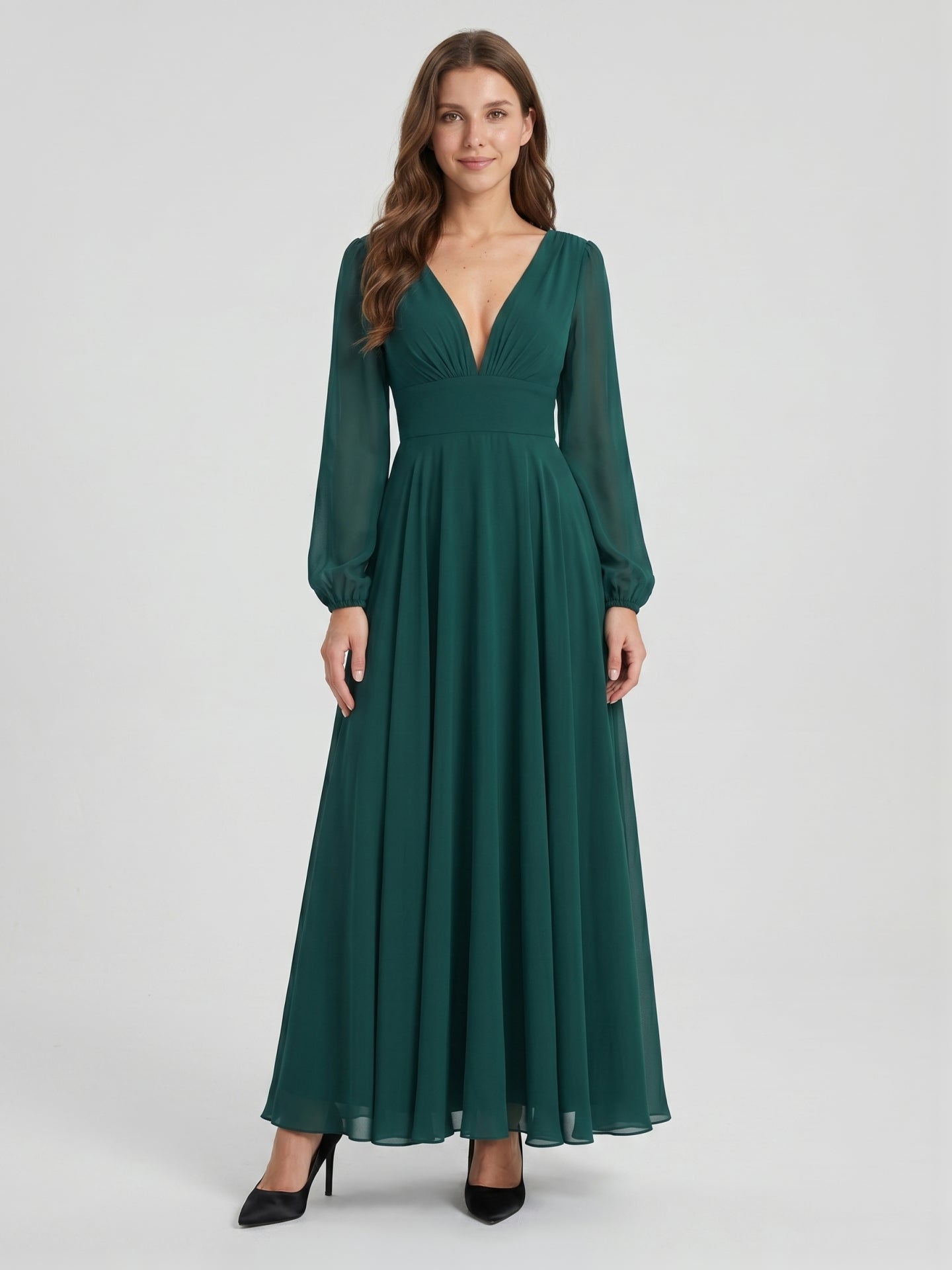 Peacock Chiffon A-Line V-Neck V-Back Floor-Length Bridesmaid Dress