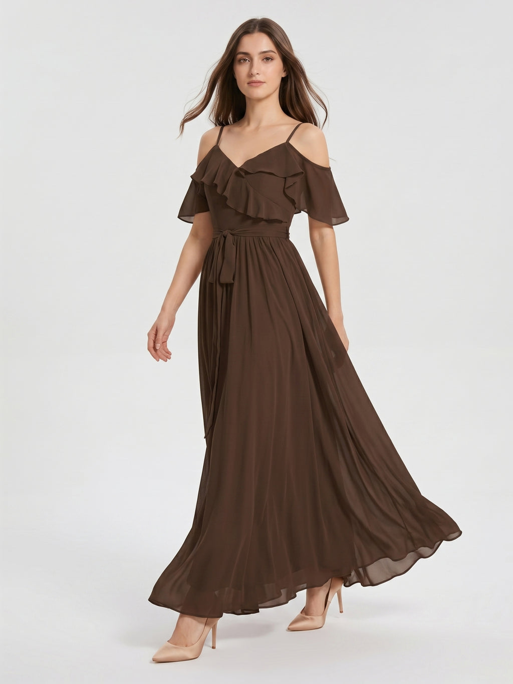 Mocha Chiffon A-Line Off-the-Shoulder V-Back Floor-Length Ruffle Bridesmaid Dress