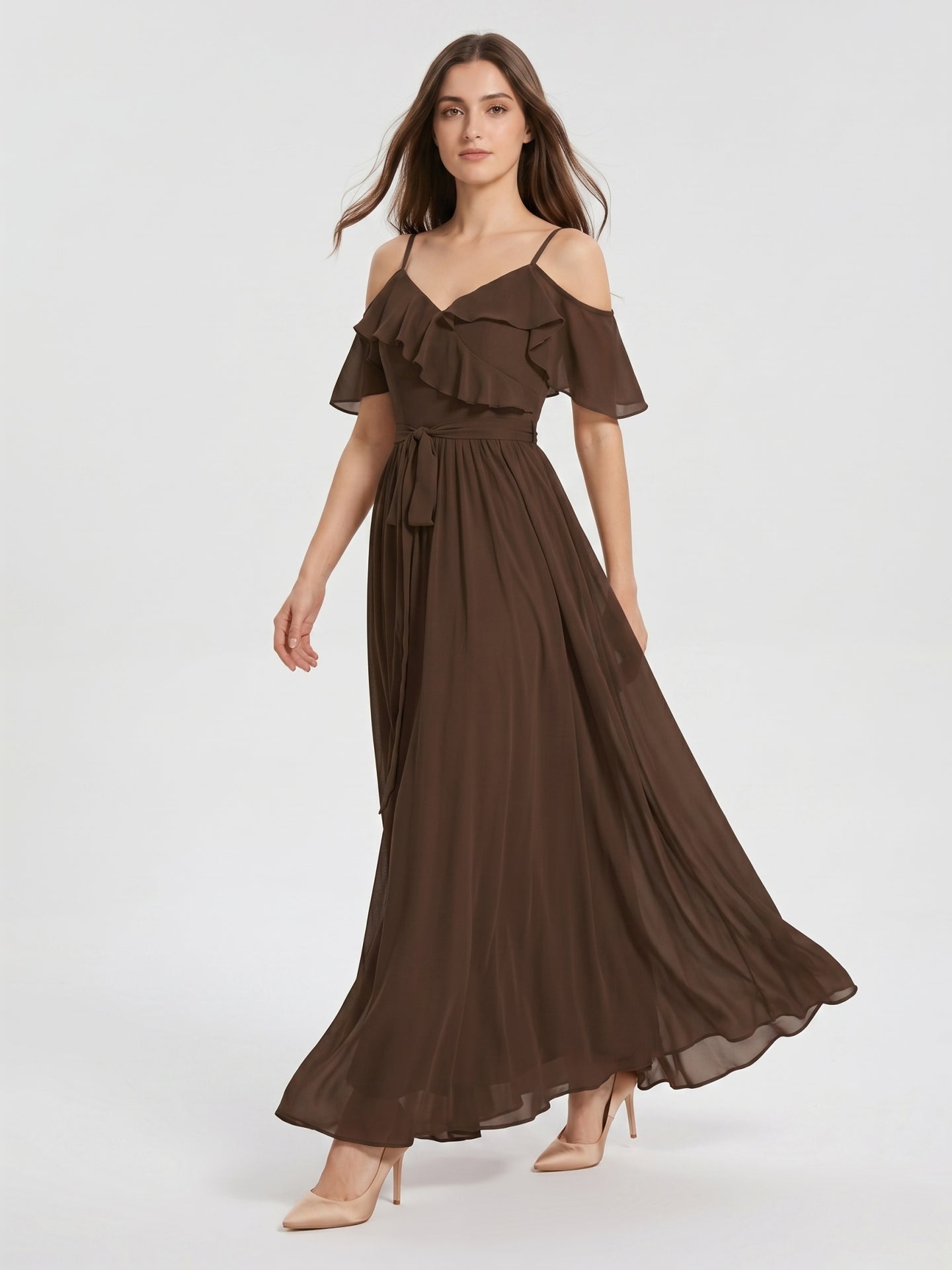 Mocha Chiffon A-Line Off-the-Shoulder V-Back Floor-Length Ruffle Bridesmaid Dress