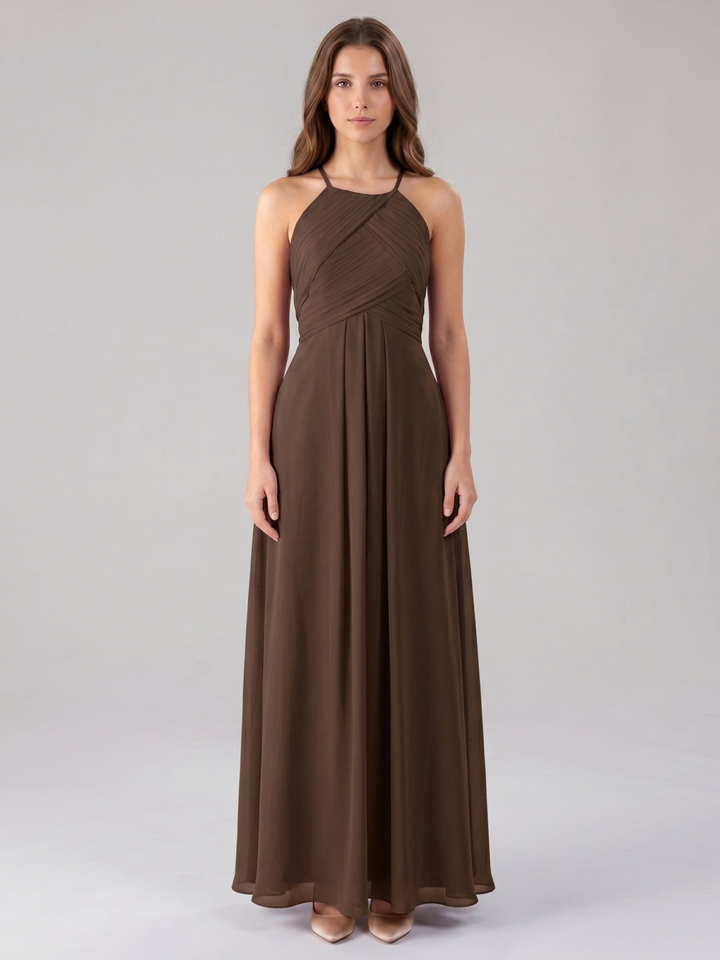 Mocha Chiffon A-Line Halter Keyhole Back Floor-Length Pleated Bridesmaid Dress
