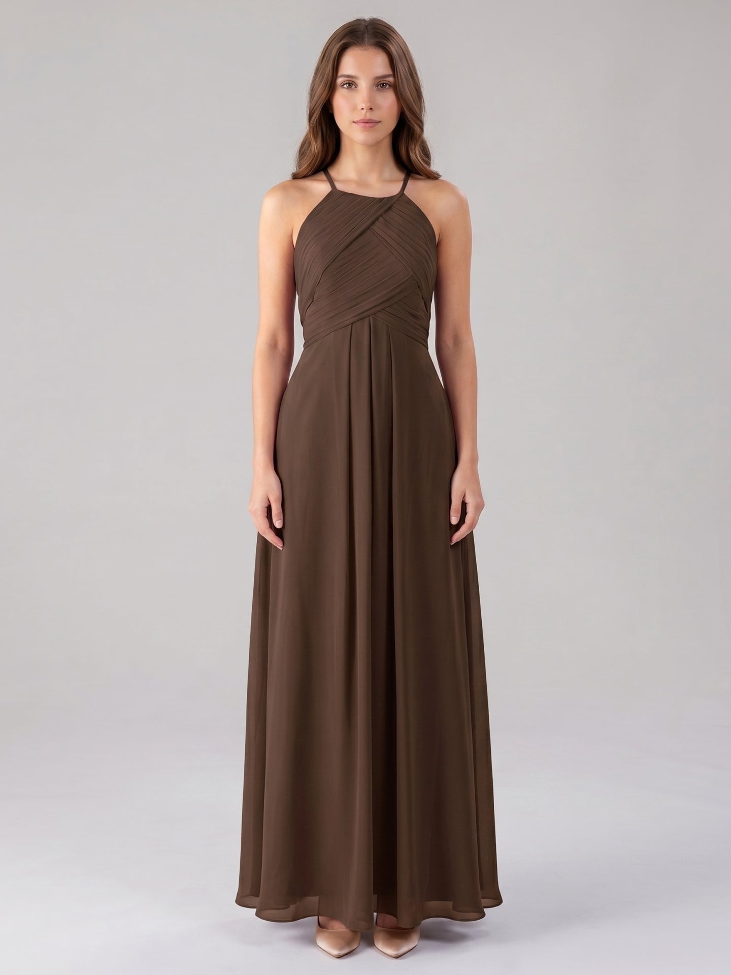 Mocha Chiffon A-Line Halter Keyhole Back Floor-Length Pleated Bridesmaid Dress