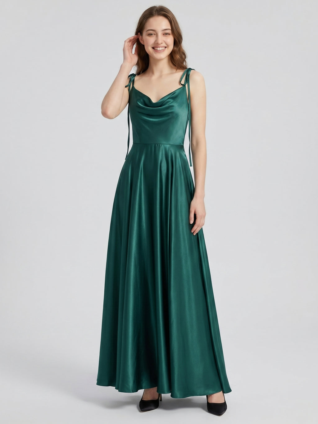Peacock Satin A-Line Cowl Neck Back Zip Floor-Length Bridesmaid Dress with Bow
