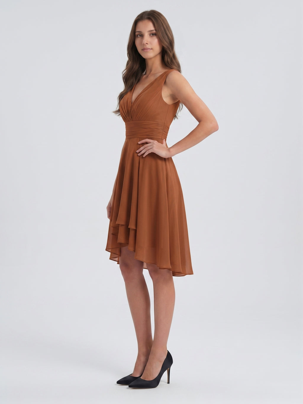 Terracotta Chiffon A-Line V-Neck V-Back Knee-Length Pleated Bridesmaid Dress