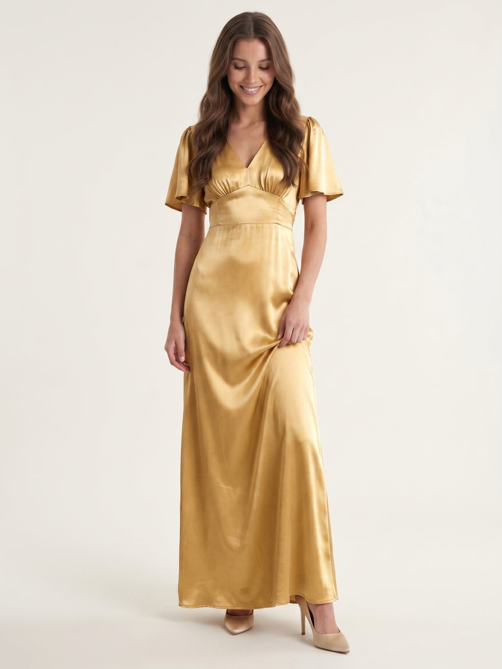 Elegant Gold Satin A-Line V-Neck V-Back Ankle-Length Bridesmaid Dress