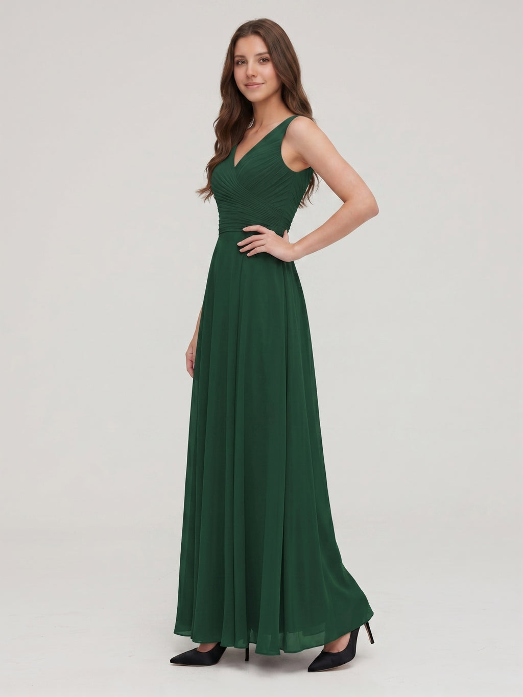 Forest Green Chiffon A-Line V-Neck V-Back Floor-Length Pleated Bridesmaid Dress