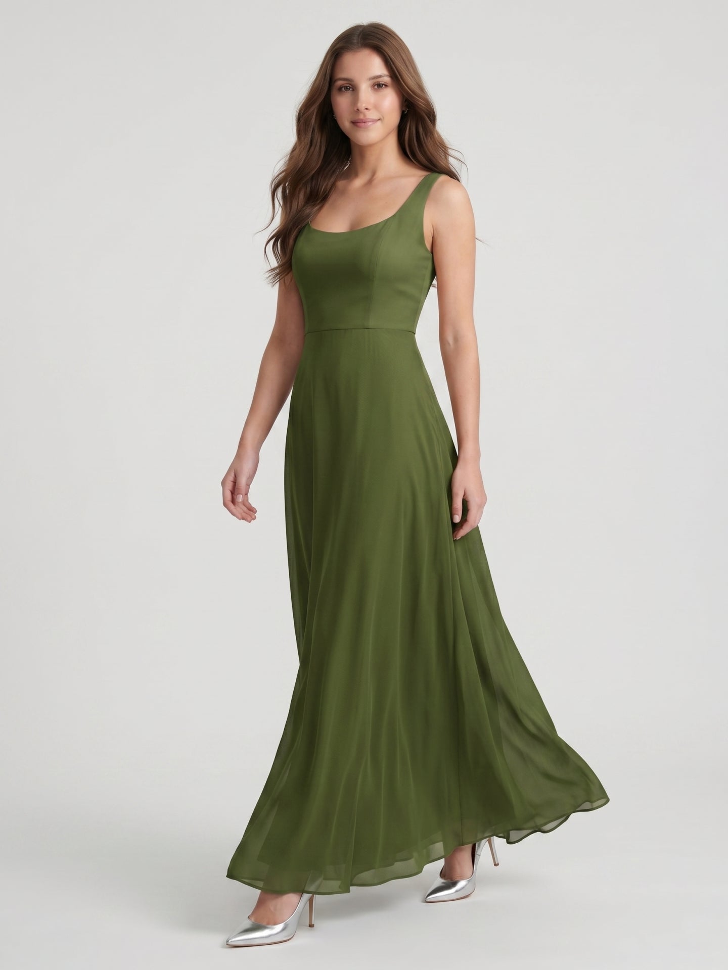 Olive Green Chiffon Column Scoop Neck Backless Floor-Length Bridesmaid Dress