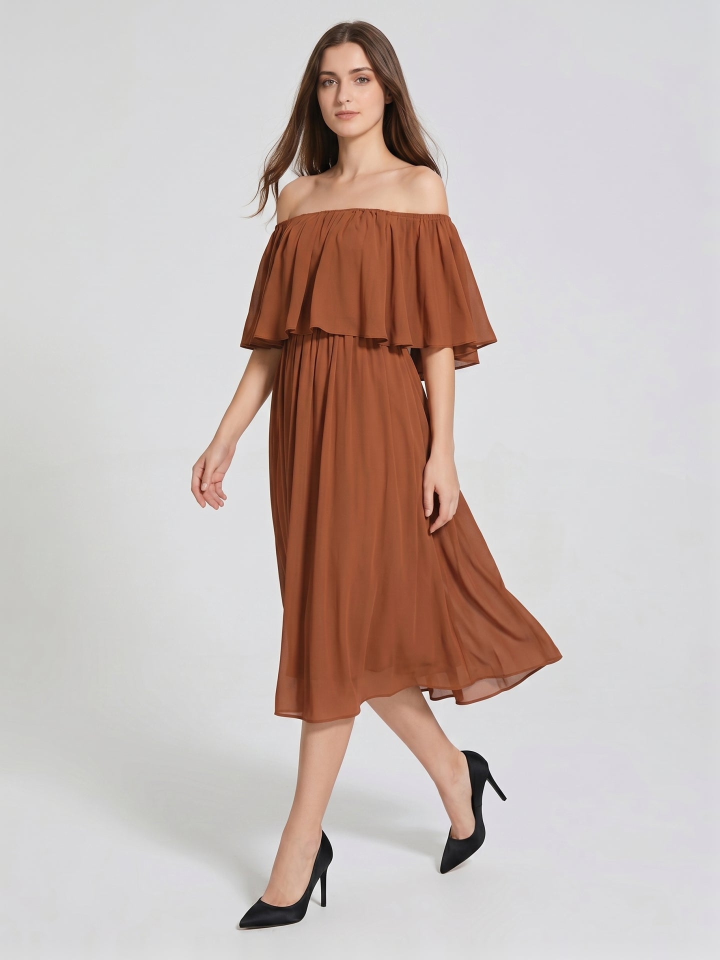 Terracotta Chiffon A-Line Off-the-Shoulder Backless Tea-Length Ruffle Bridesmaid Dress