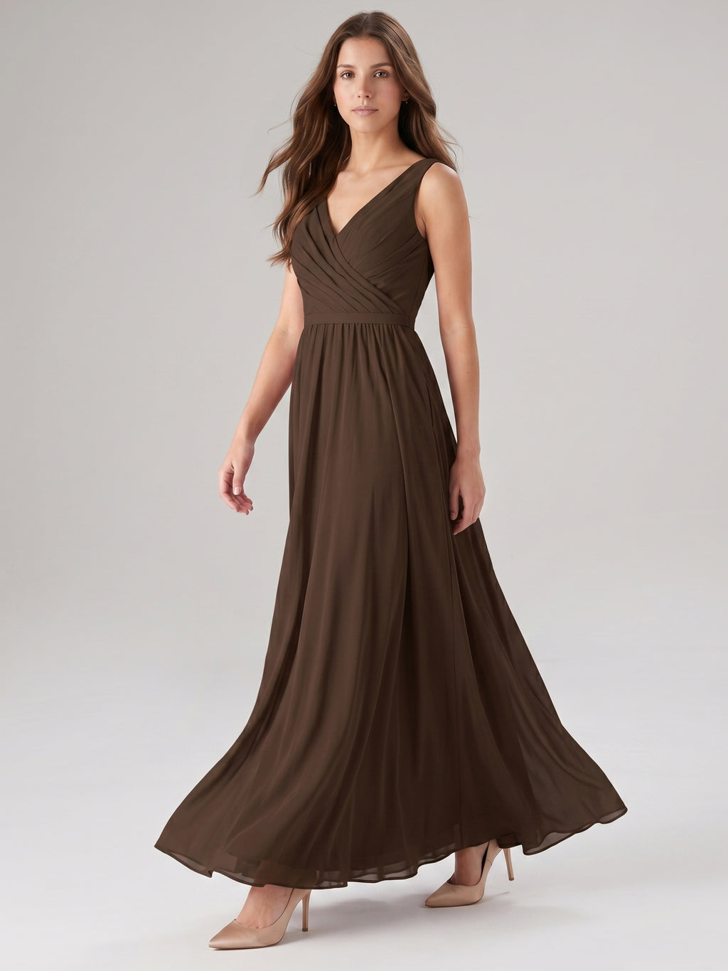 Mocha Chiffon A-Line V-Neck V-Back Floor-Length Bridesmaid Dress with Bow