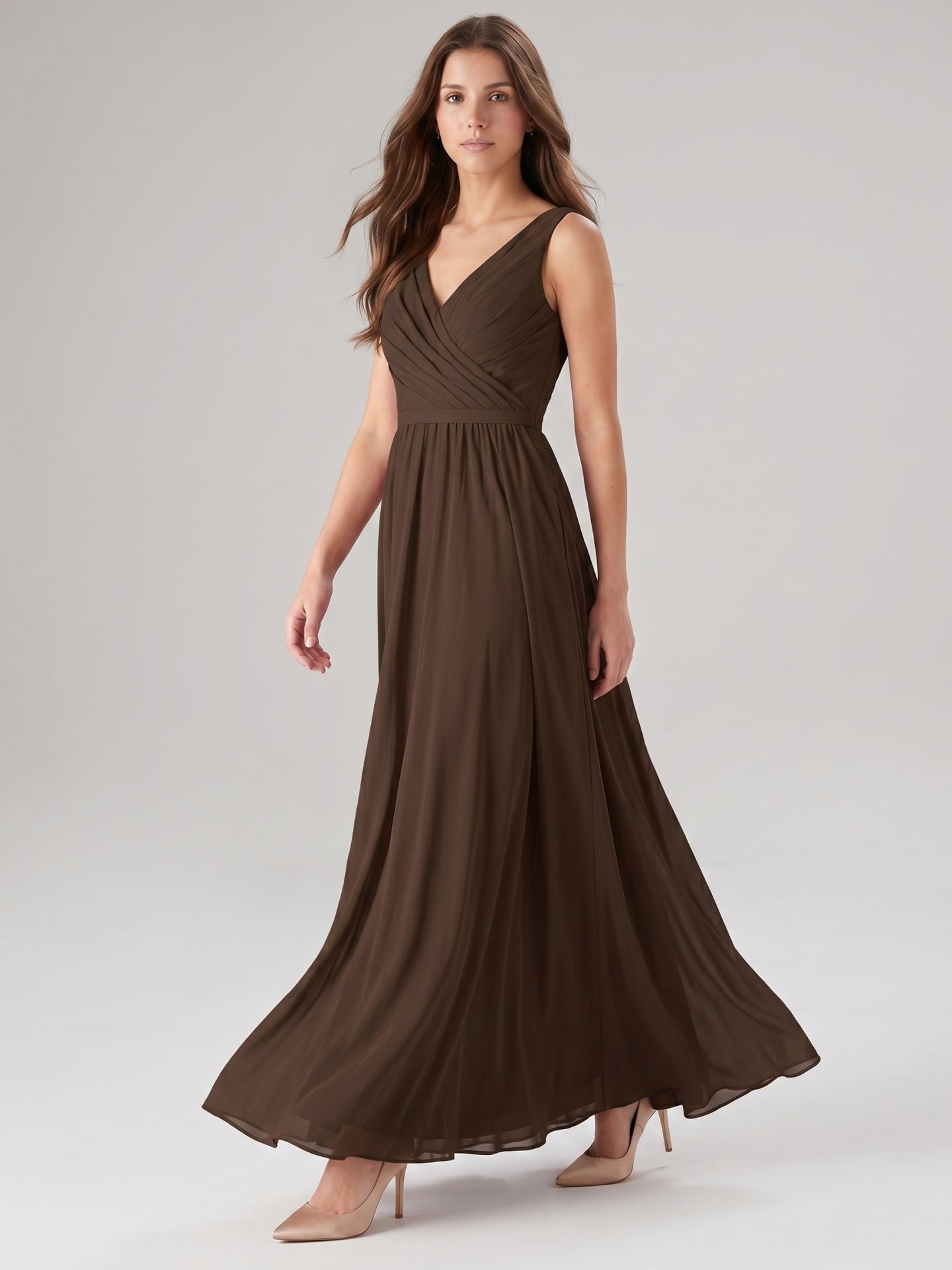 Mocha Chiffon A-Line V-Neck V-Back Floor-Length Bridesmaid Dress with Bow