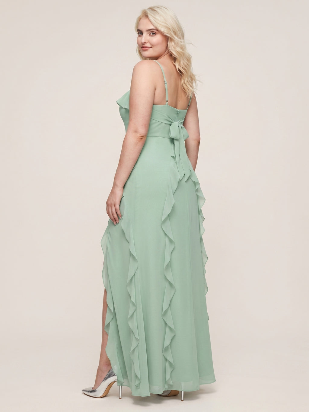 Elegant Mint Green Chiffon A-Line Straight Neck Backless with Ruffle Ankle-Length Plus Size Bridesmaid Dress