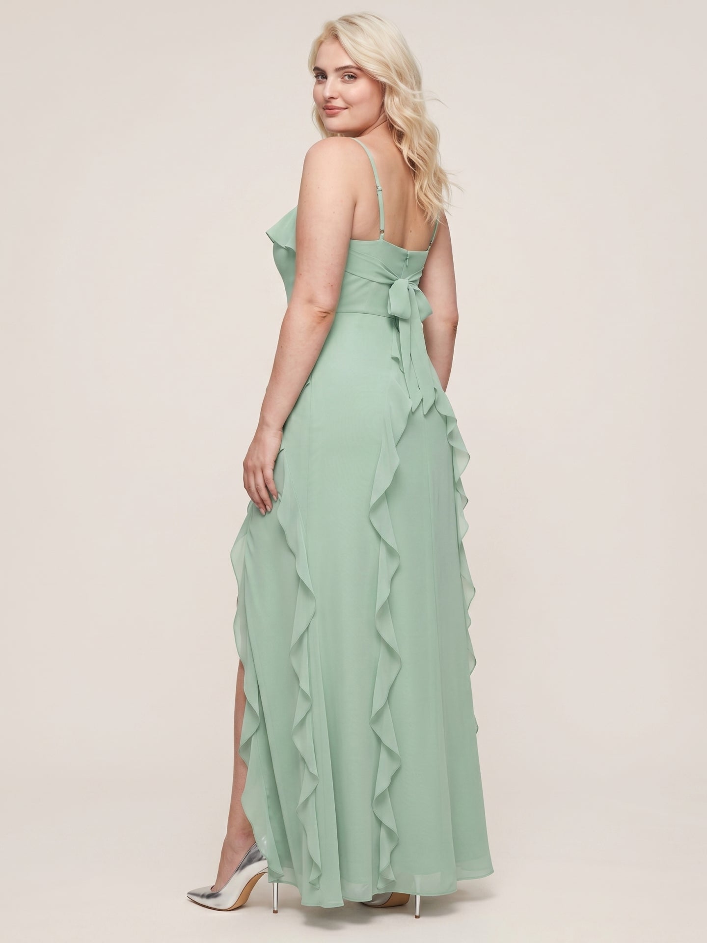 Elegant Mint Green Chiffon A-Line Straight Neck Backless with Ruffle Ankle-Length Plus Size Bridesmaid Dress