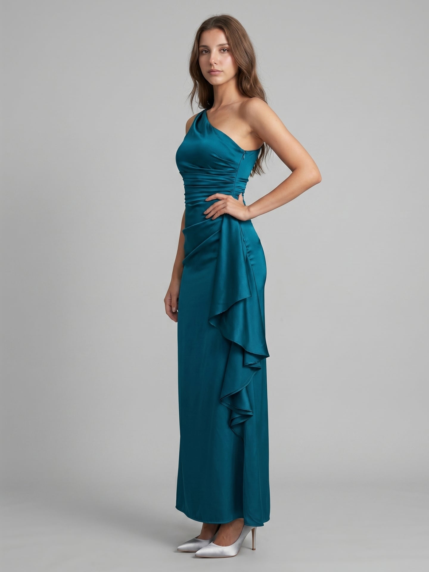 Teal Satin Sheath One Shoulder Side Zip Ankle-Length Ruffle Bridesmaid Dress