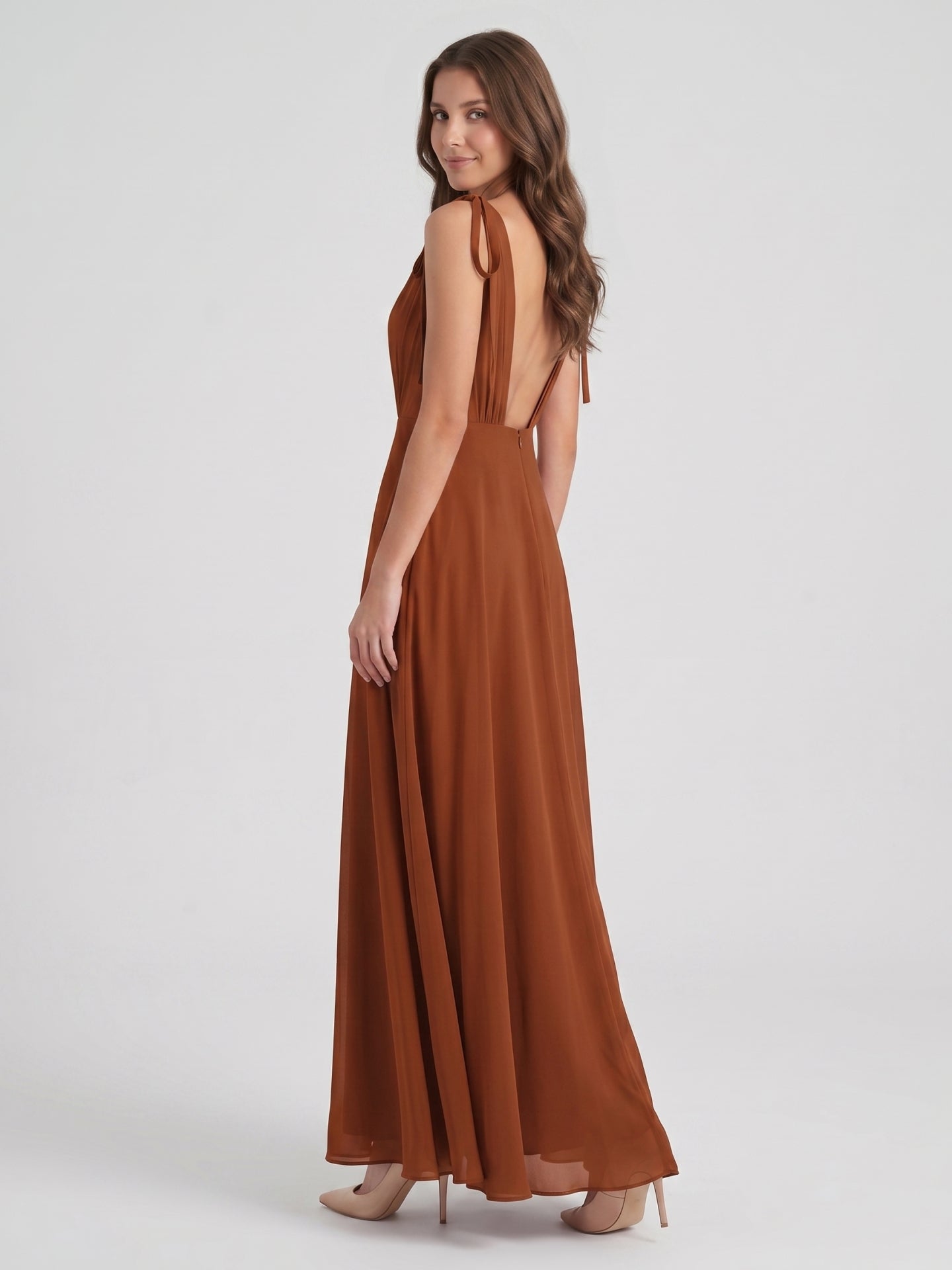 Terracotta Chiffon A-Line V-Neck Backless Floor-Length Bridesmaid Dress with Bow
