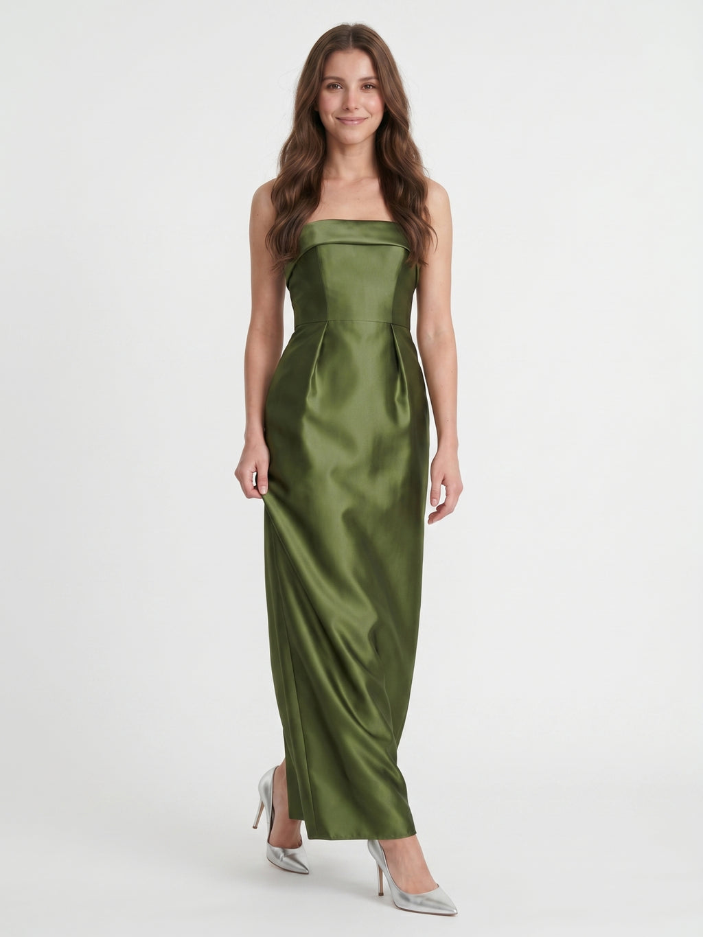 Olive Green Satin Sheath Off-the-Shoulder Backless Floor-Length Bridesmaid Dress