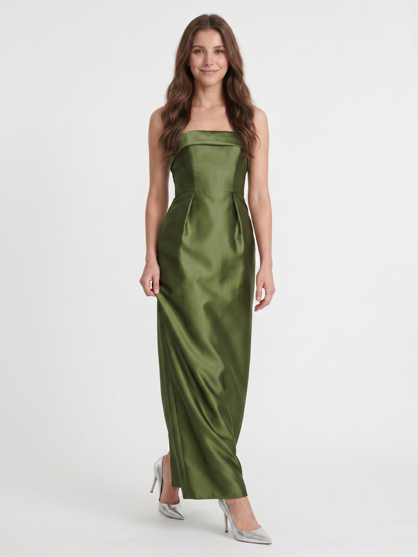 Olive Green Satin Sheath Off-the-Shoulder Backless Floor-Length Bridesmaid Dress