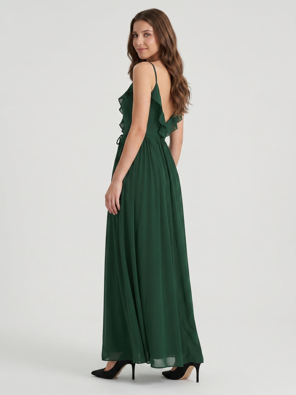 Forest Green Chiffon A-Line V-Neck V-Back Floor-Length Ruffle Bridesmaid Dress
