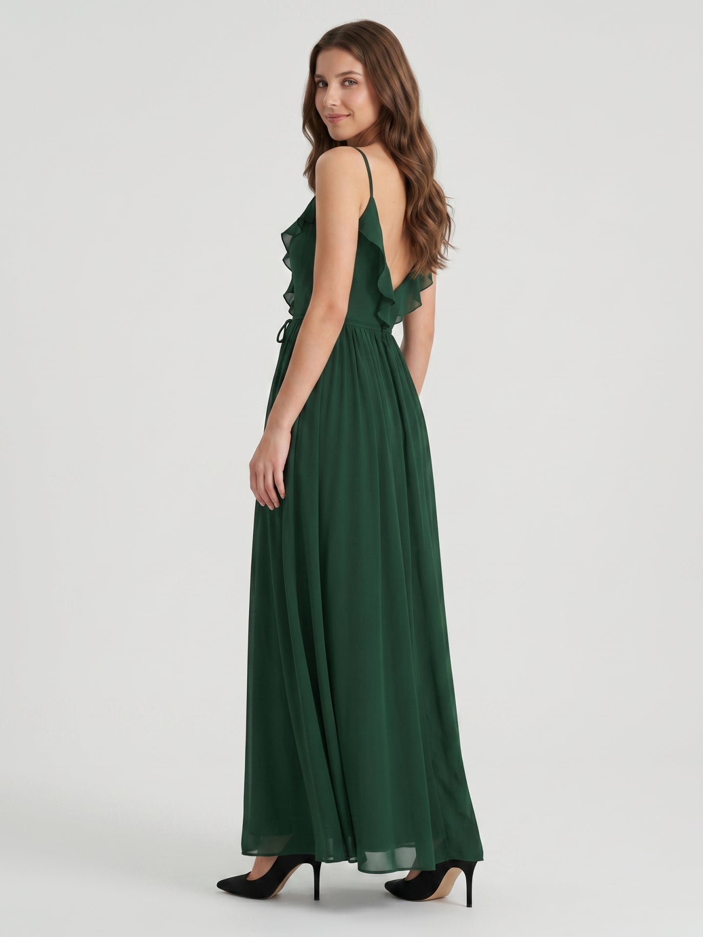 Forest Green Chiffon A-Line V-Neck V-Back Floor-Length Ruffle Bridesmaid Dress