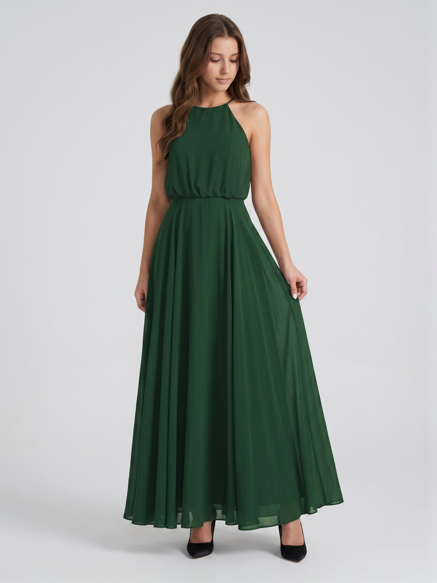 Forest Green Chiffon A-Line Halter Backless Floor-Length Pleated Bridesmaid Dress