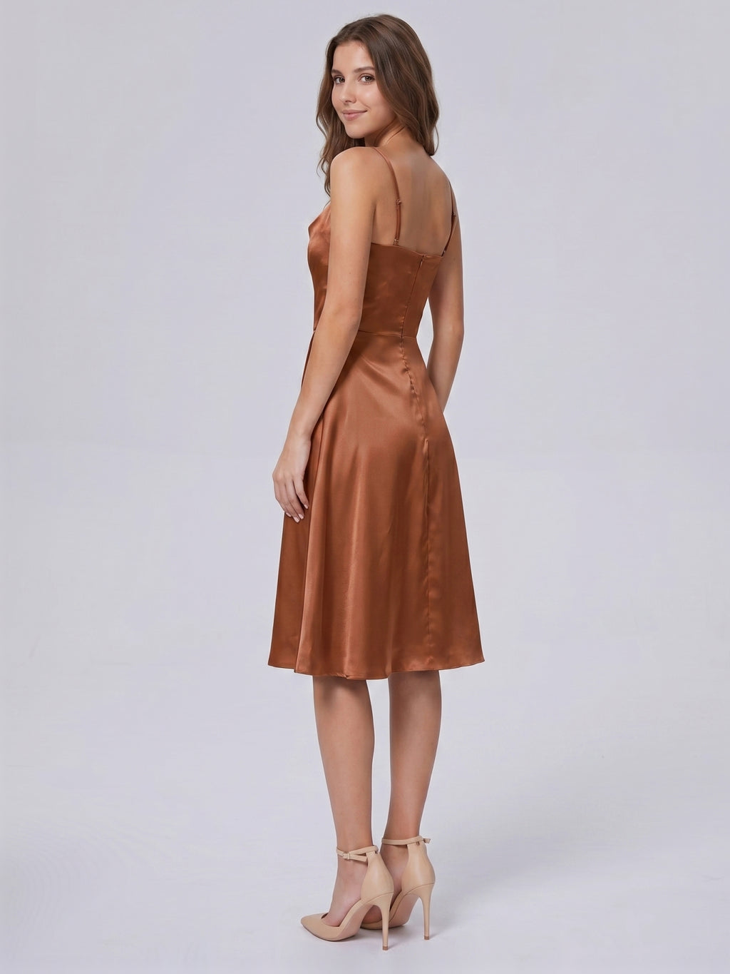 Terracotta Satin A-Line Cowl Neck Backless Knee-Length Bridesmaid Dress
