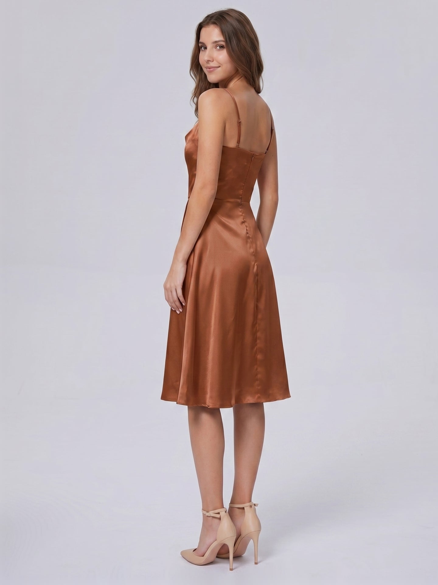 Terracotta Satin A-Line Cowl Neck Backless Knee-Length Bridesmaid Dress