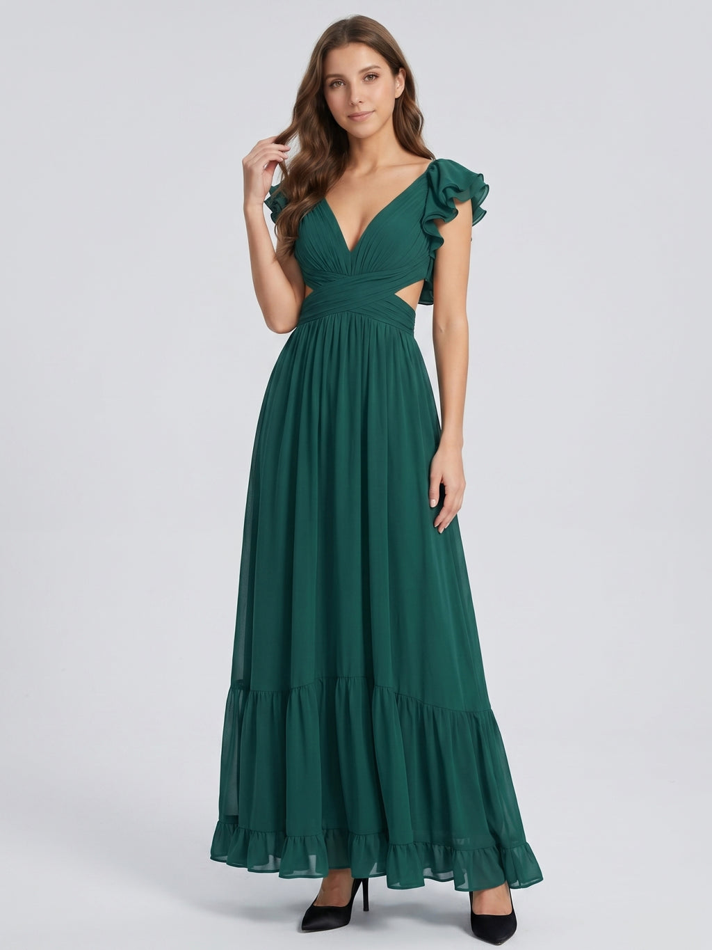 Peacock Chiffon A-Line V-Neck Criss-Cross Back Floor-Length Ruffle Bridesmaid Dress