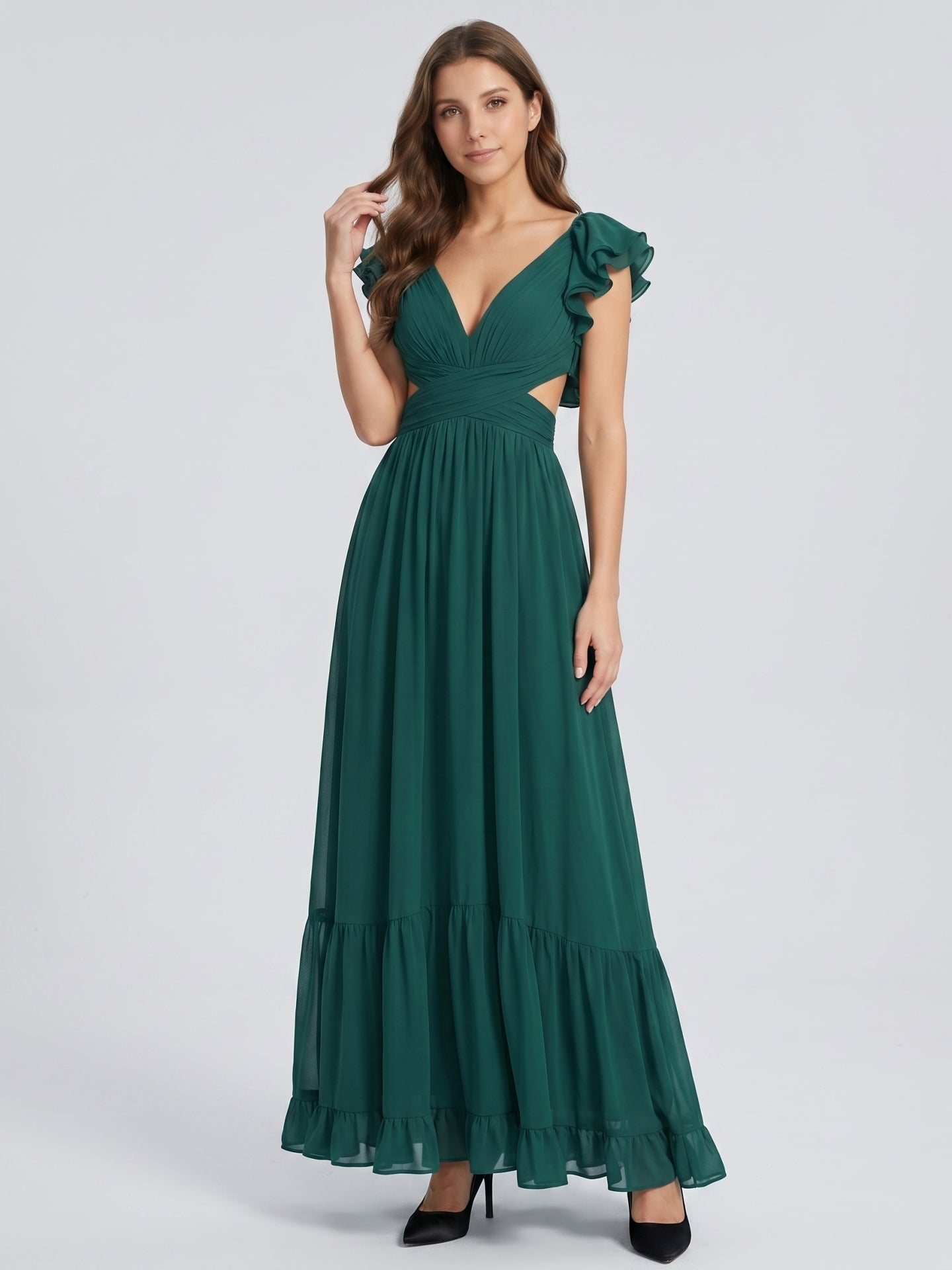 Peacock Chiffon A-Line V-Neck Criss-Cross Back Floor-Length Ruffle Bridesmaid Dress