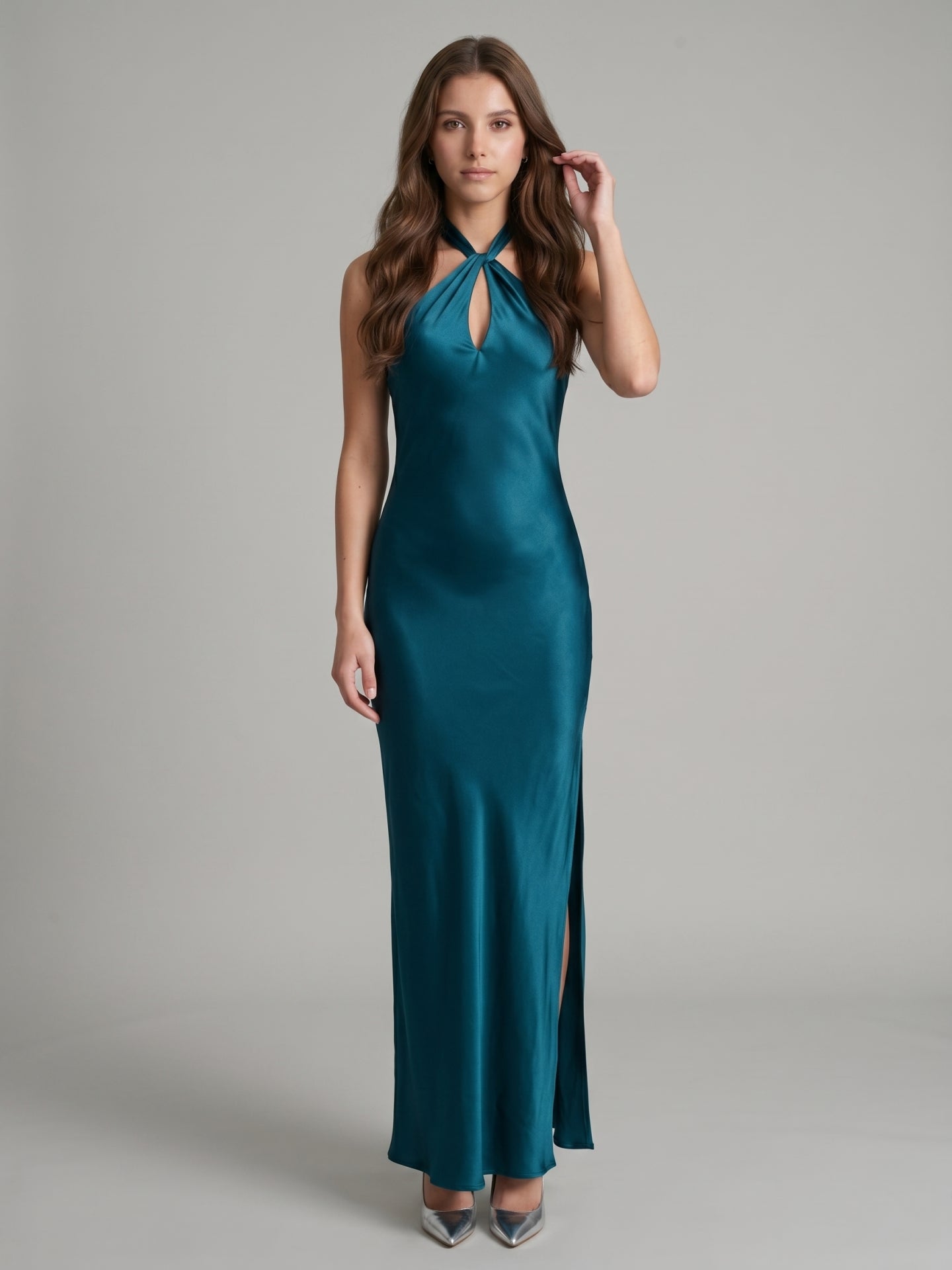 Teal Satin Column Halter Backless Floor-Length Bridesmaid Dress with Bow