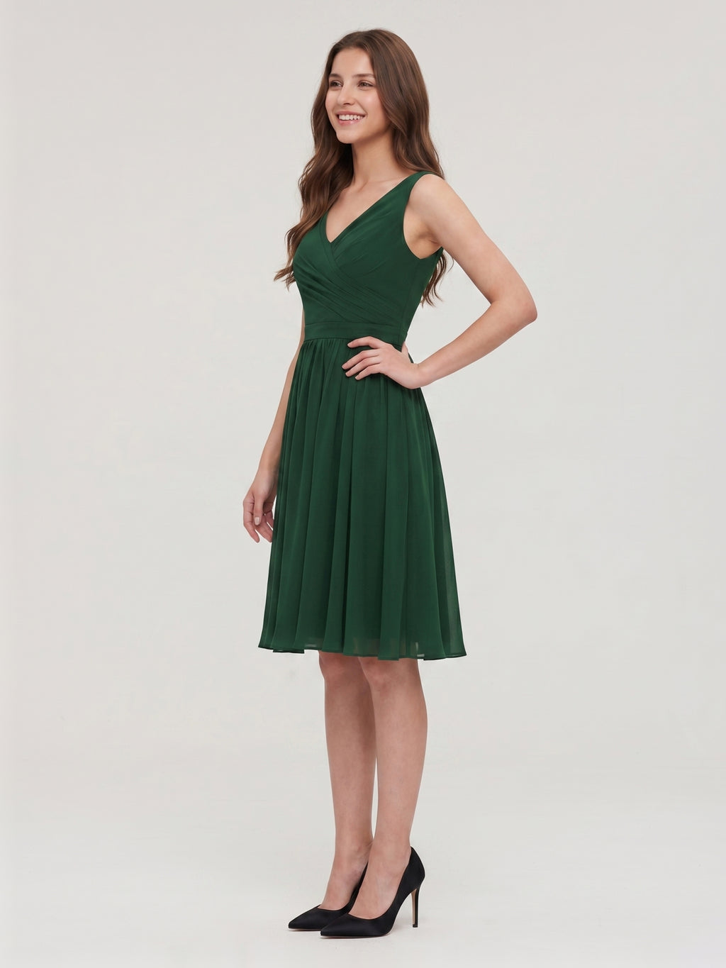 Forest Green Chiffon A-Line V-Neck V-Back Knee-Length Pleated Bridesmaid Dress