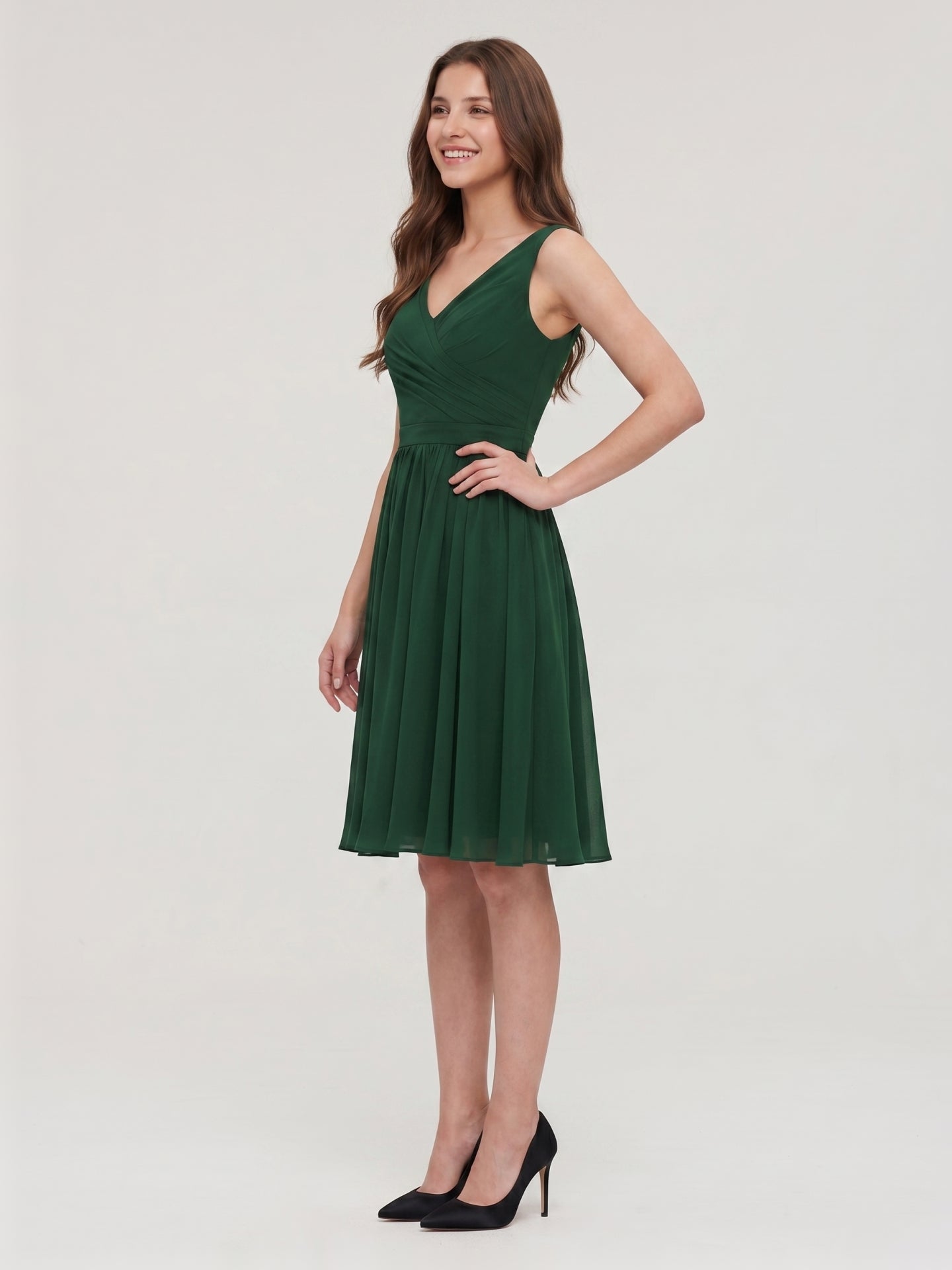 Forest Green Chiffon A-Line V-Neck V-Back Knee-Length Pleated Bridesmaid Dress