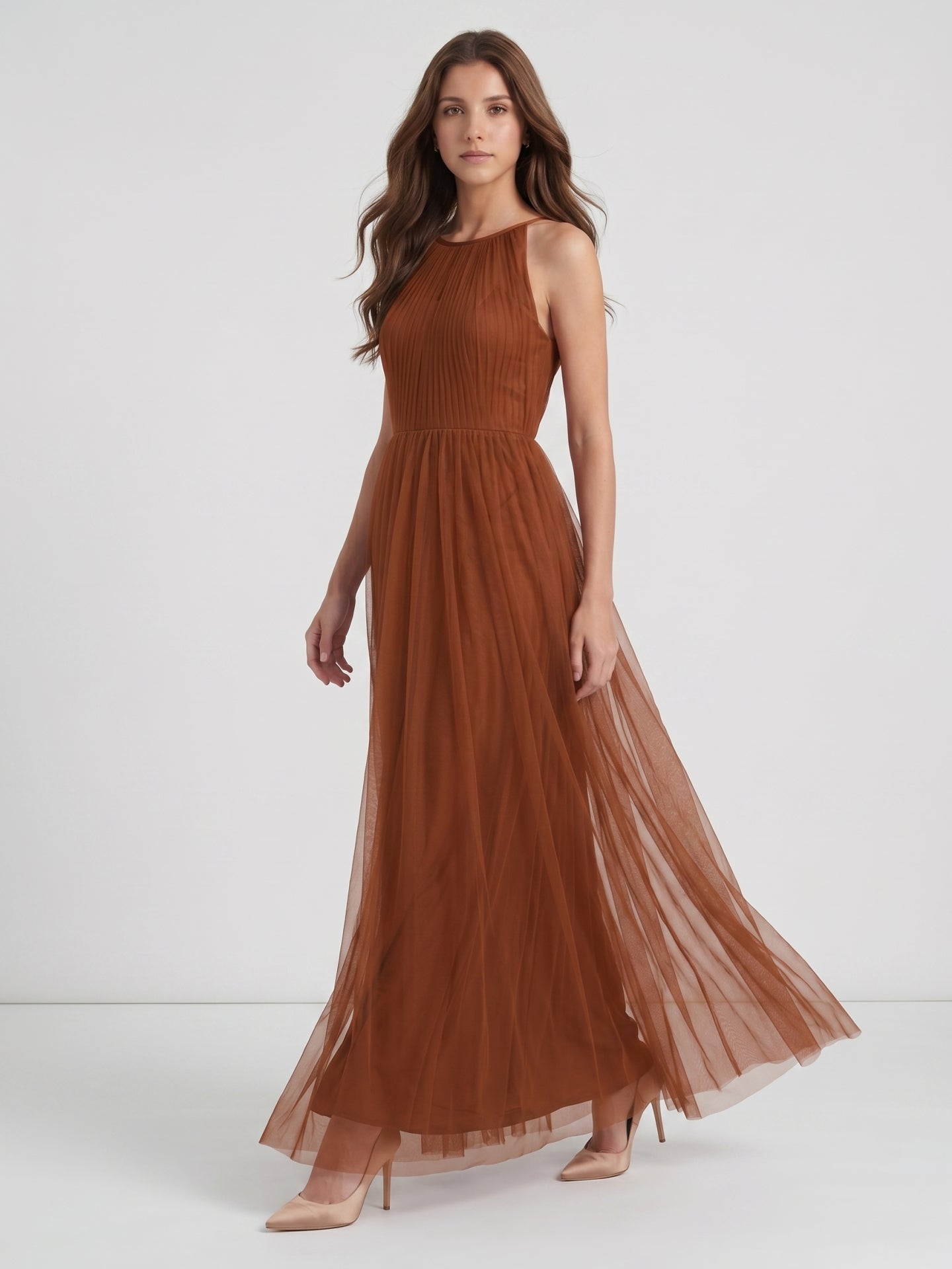 Terracotta Tulle A-Line Scoop Neck Back Zip Floor-Length Pleated Bridesmaid Dress