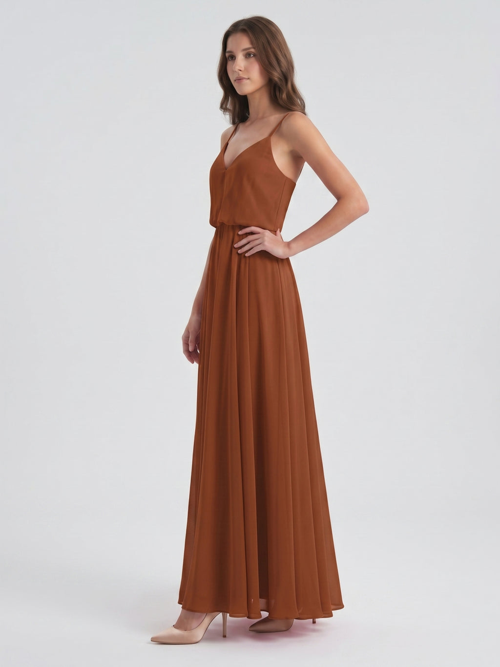 Terracotta Chiffon A-Line V-Neck Backless Floor-Length Bridesmaid Dress