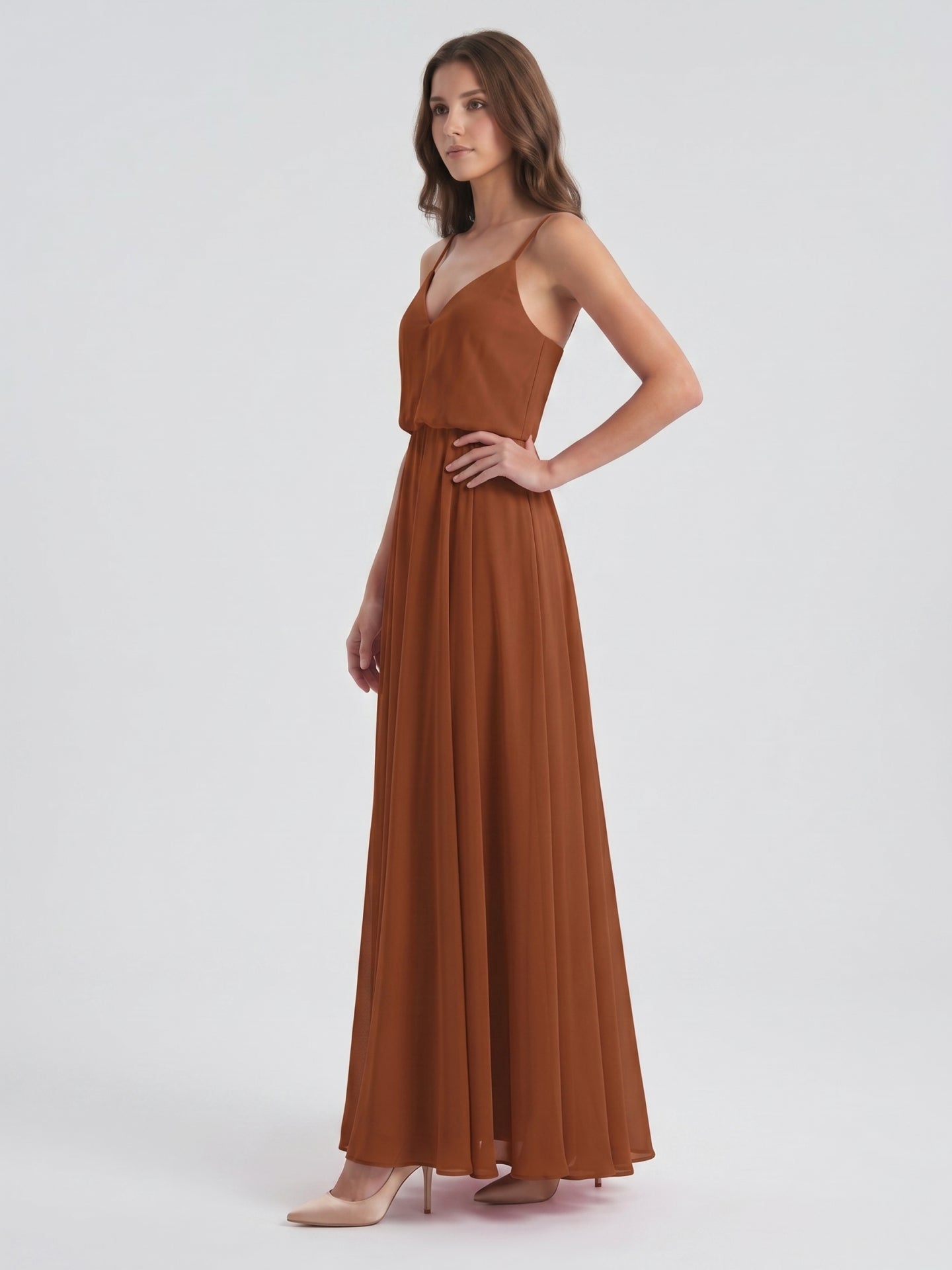 Terracotta Chiffon A-Line V-Neck Backless Floor-Length Bridesmaid Dress