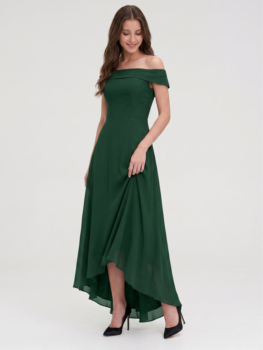 Forest Green Chiffon A-Line Off-the-Shoulder Back Zip Asymmetrical Bridesmaid Dress