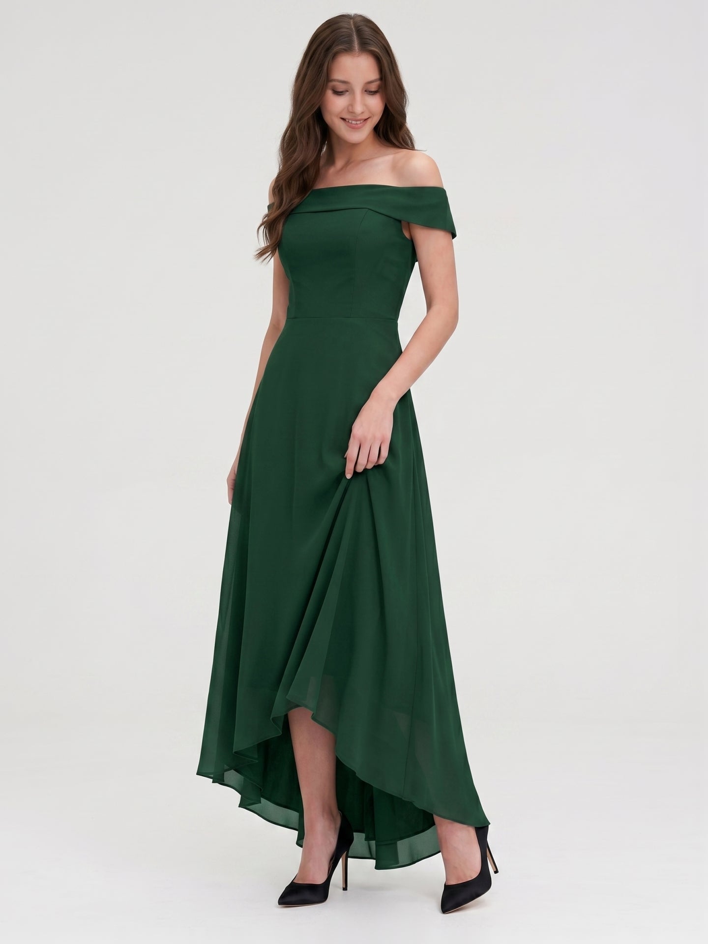 Forest Green Chiffon A-Line Off-the-Shoulder Back Zip Asymmetrical Bridesmaid Dress