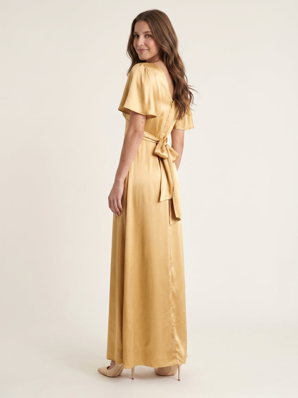 Elegant Gold Satin A-Line V-Neck V-Back Ankle-Length Bridesmaid Dress