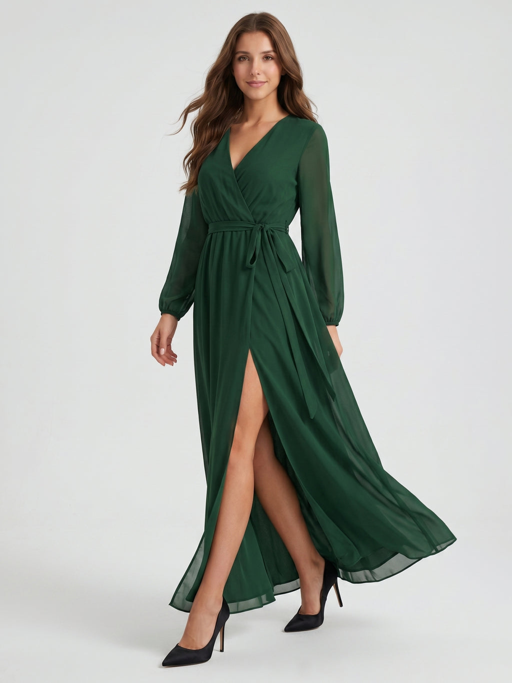 Forest Green Chiffon A-Line V-Neck Back Zip Floor-Length Pleated Bridesmaid Dress