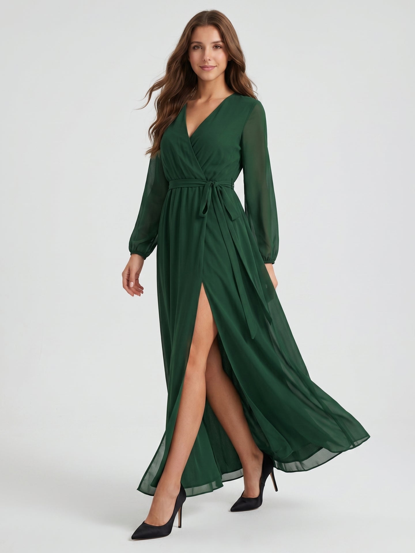 Forest Green Chiffon A-Line V-Neck Back Zip Floor-Length Pleated Bridesmaid Dress