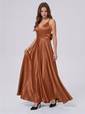 Terracotta Satin A-Line V-Neck Bow Back Floor-Length Bridesmaid Dress with Bow