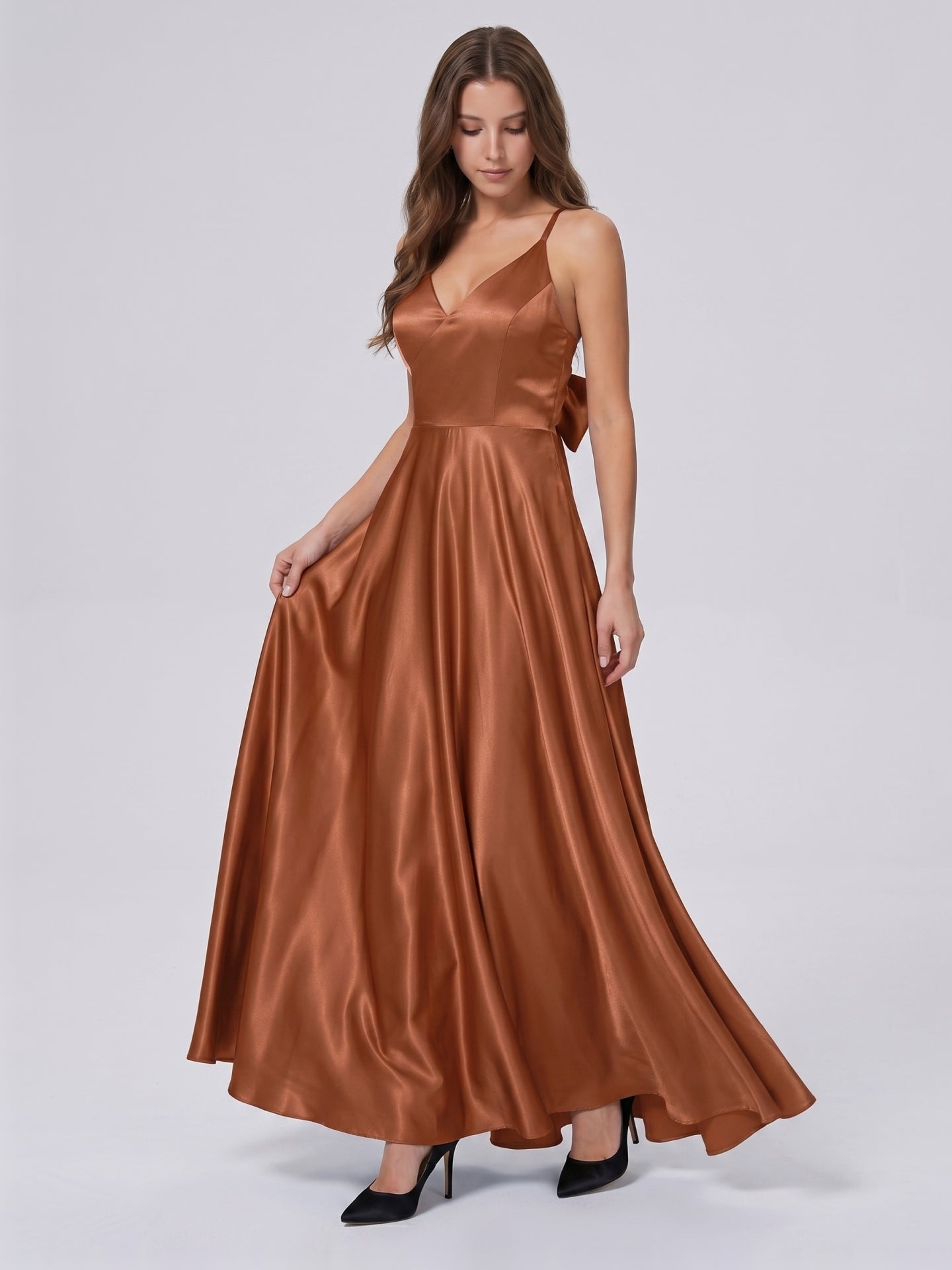 Terracotta Satin A-Line V-Neck Bow Back Floor-Length Bridesmaid Dress with Bow