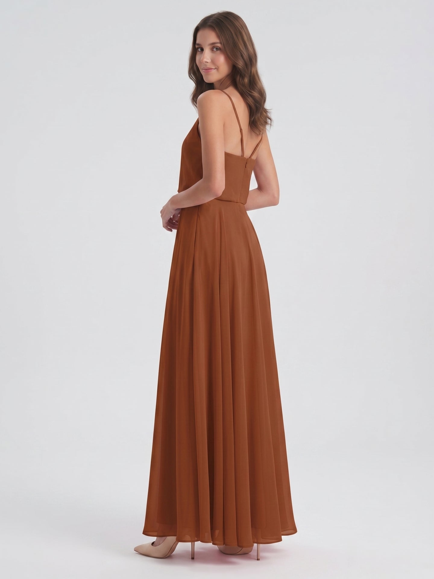 Terracotta Chiffon A-Line V-Neck Backless Floor-Length Bridesmaid Dress