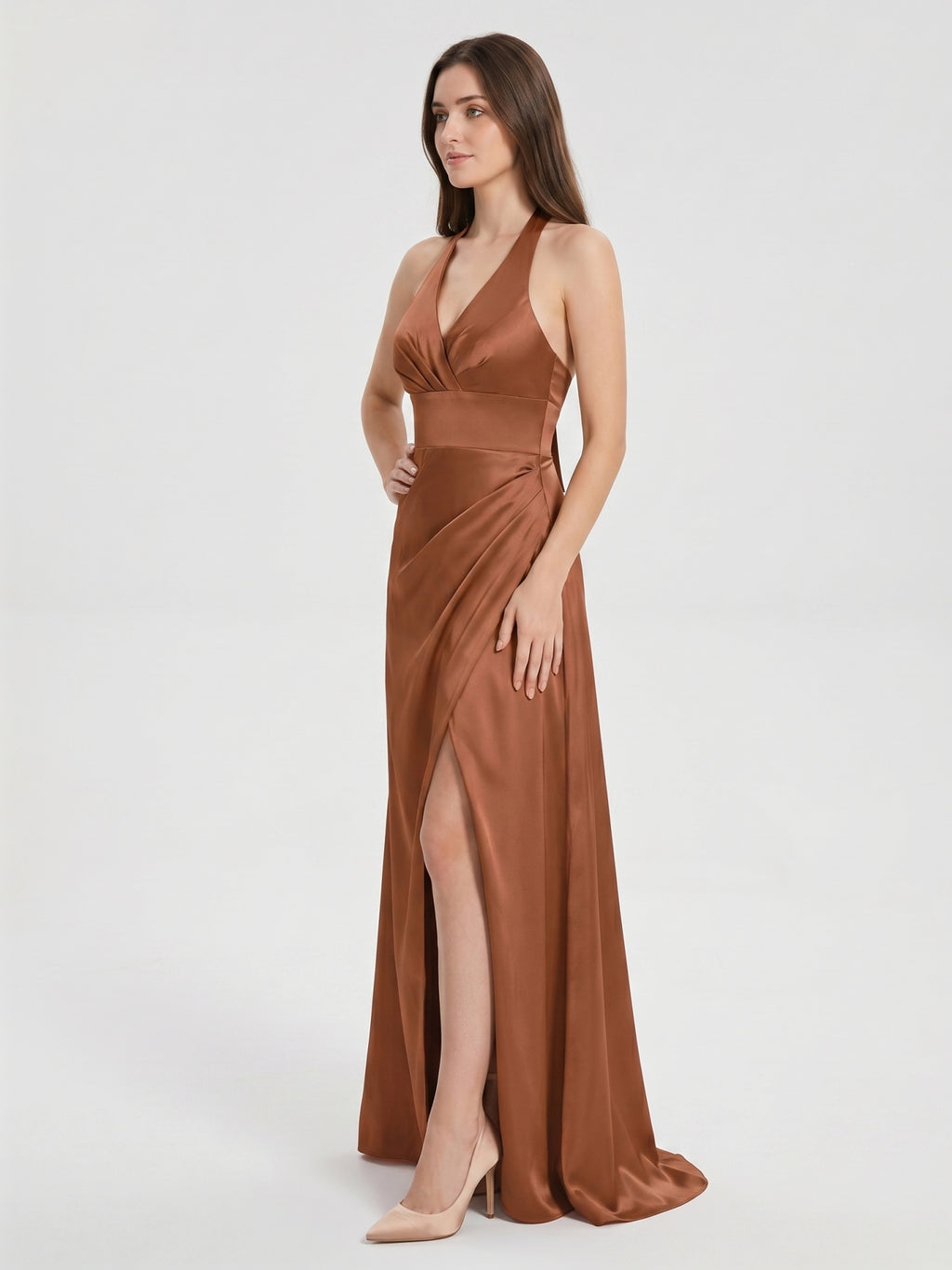Terracotta Satin A-Line Halter Backless Floor-Length Pleated Bridesmaid Dress