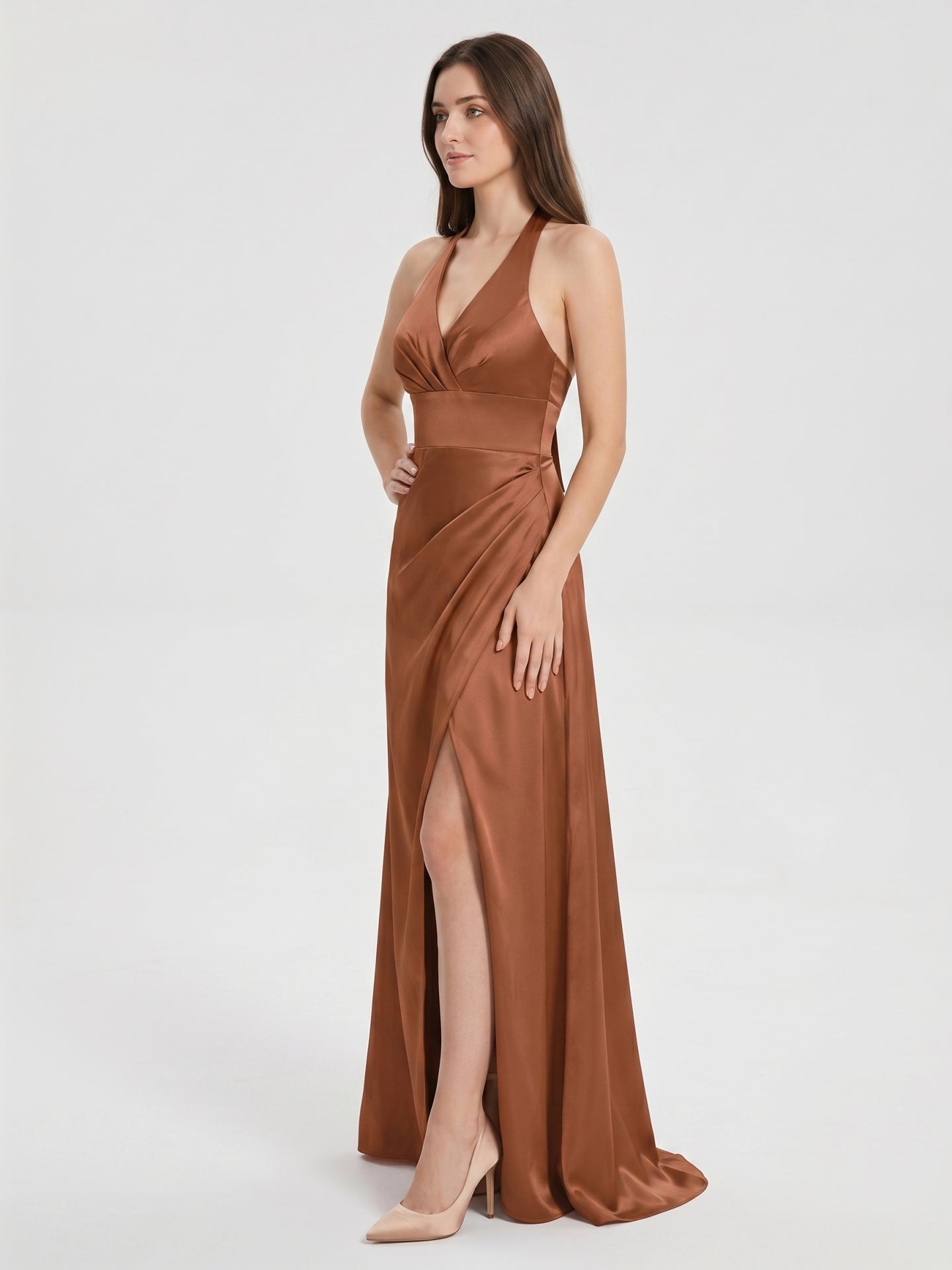 Terracotta Satin A-Line Halter Backless Floor-Length Pleated Bridesmaid Dress